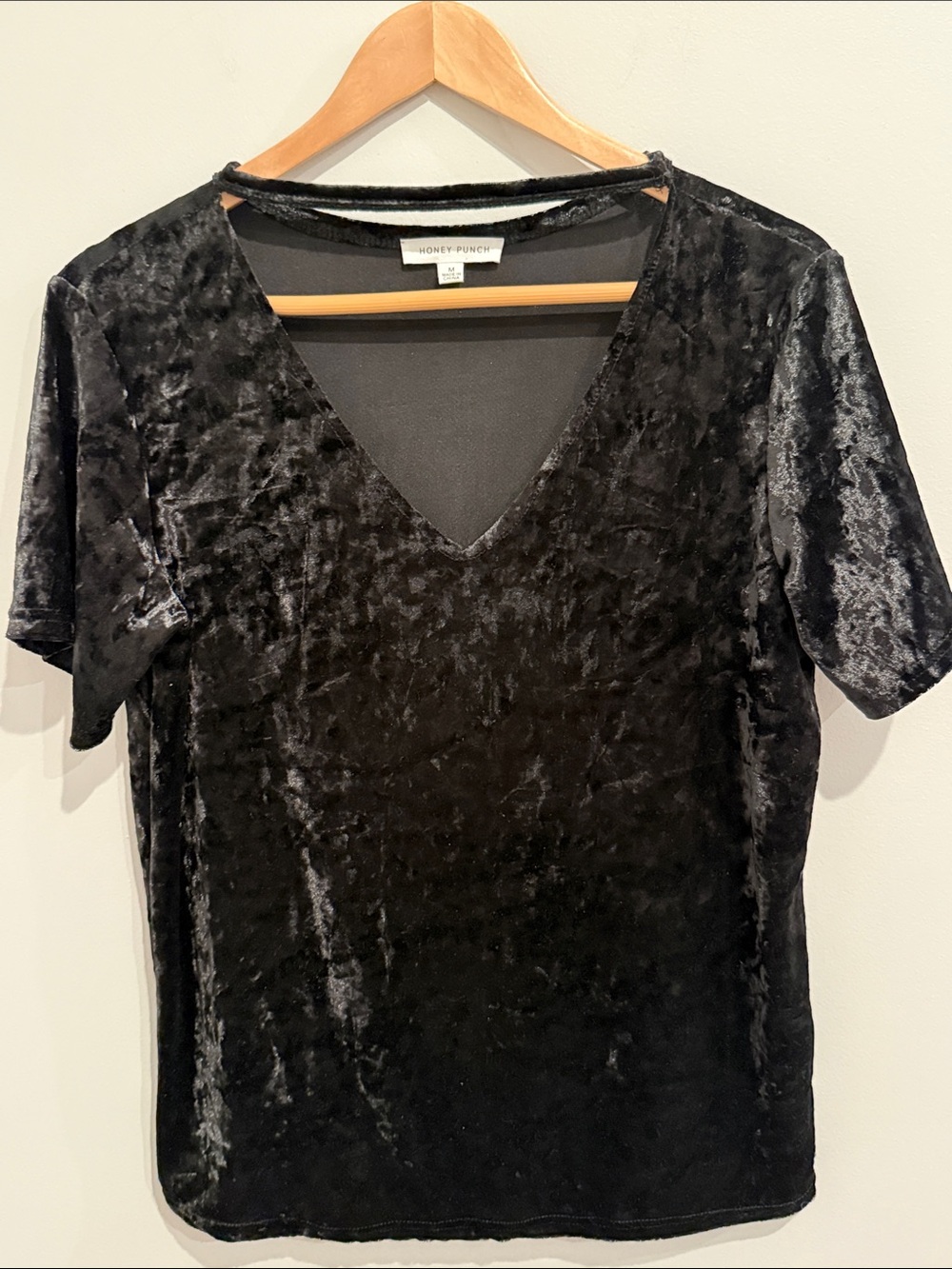 Honey Punch Black Crushed Velvet V-Neck Short Sleeve Top with Mock Neck